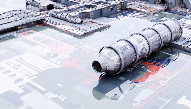 A representation of a spaceport and multiple rockets. This depiction illustrates the cost and logistical complexities of space investment.