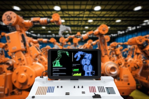 A futuristic image of a digitally connected factory, showcasing a network of robots, sensors, and data analytics tools working together to optimize manufacturing processes. The scene should convey innovation and efficiency.