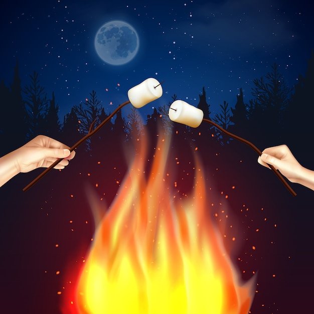 A digital illustration showing a burning dollar bill being used to light a retirement campfire under a starry sky, symbolizing financial independence and early retirement.