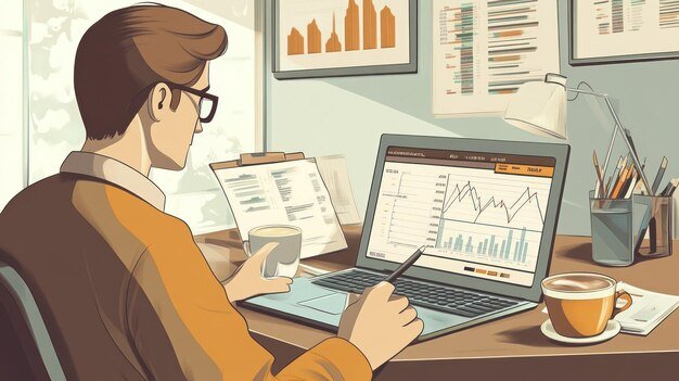 An illustration depicting a gig worker confidently managing their financial portfolio on a laptop, with charts and graphs highlighting diversified investments and growth trends.