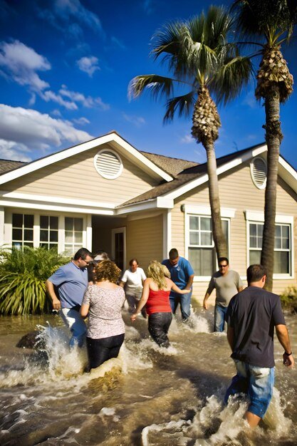 A group of insurance adjusters assessing the damage to homes in a neighborhood devastated by a recent hurricane, highlighting the increased strain on the insurance industry due to climate change.