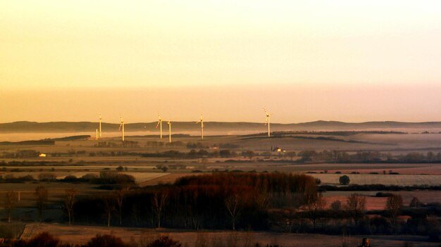A wind turbine farm at sunset with a financial chart overlay, highlighting the financial growth potential of renewable energy investments.