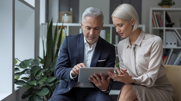 A financial advisor sitting at a desk, discussing a financial plan with a middle-class couple. The advisor is pointing to charts and graphs on a tablet, explaining various investment options.