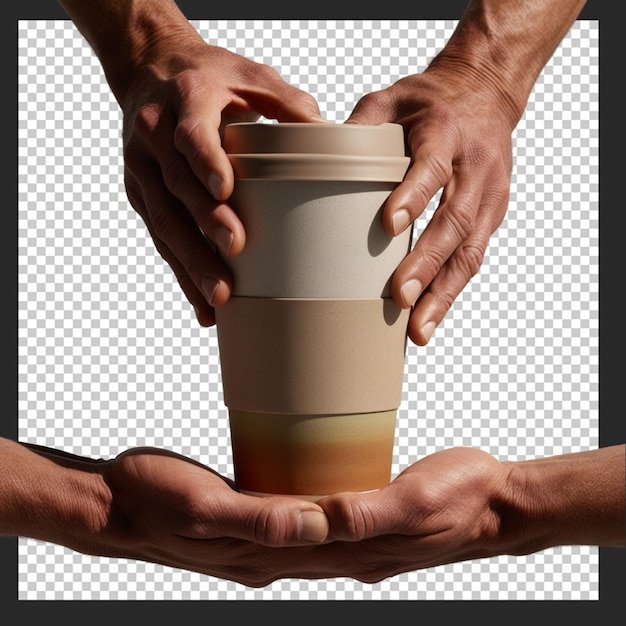 A split image showing two hands, one holding a disposable plastic cup and the other holding a reusable coffee mug, highlighting the choice between unsustainable and sustainable consumption.