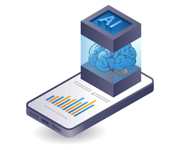 A graphic illustrating an AI-powered budgeting tool. The image features a stylized brain with financial data flowing into it, which is then outputted as personalized financial advice on a smartphone screen. Icons representing savings, investments, and debt repayment are prominently displayed.