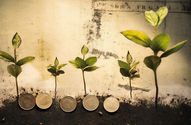 A visual representation of compound interest, showing a small initial investment growing exponentially over several years.