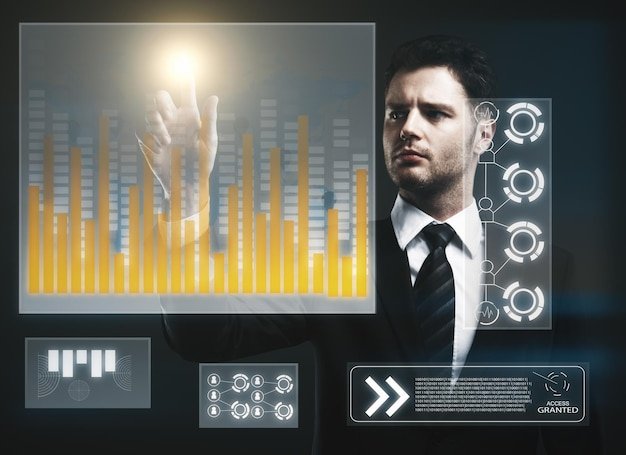 A split-screen graphic contrasting a traditional financial advisor in a formal office setting with a modern, AI-powered financial advisor represented by a digital display showing investment portfolio analytics and growth projections.