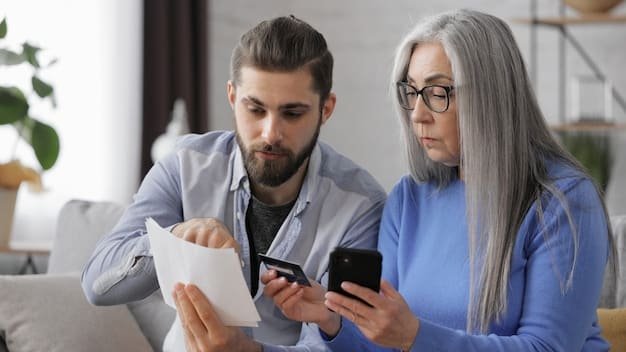 A split image showing two people discussing medical bills: one person negotiating on the phone with a hospital billing department, and the other reviewing a detailed, itemized bill.