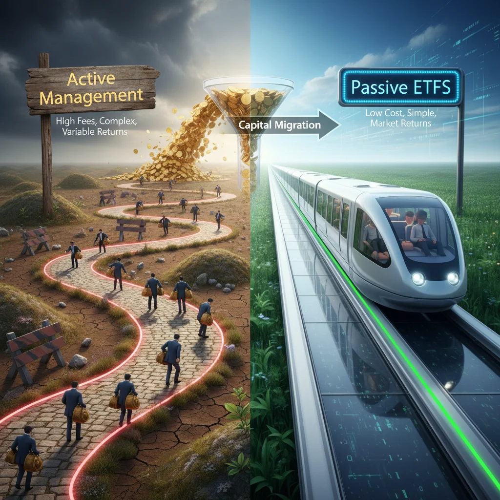 Conceptual representation of capital migration from high-cost active funds to low-cost, efficient passive ETF structures.