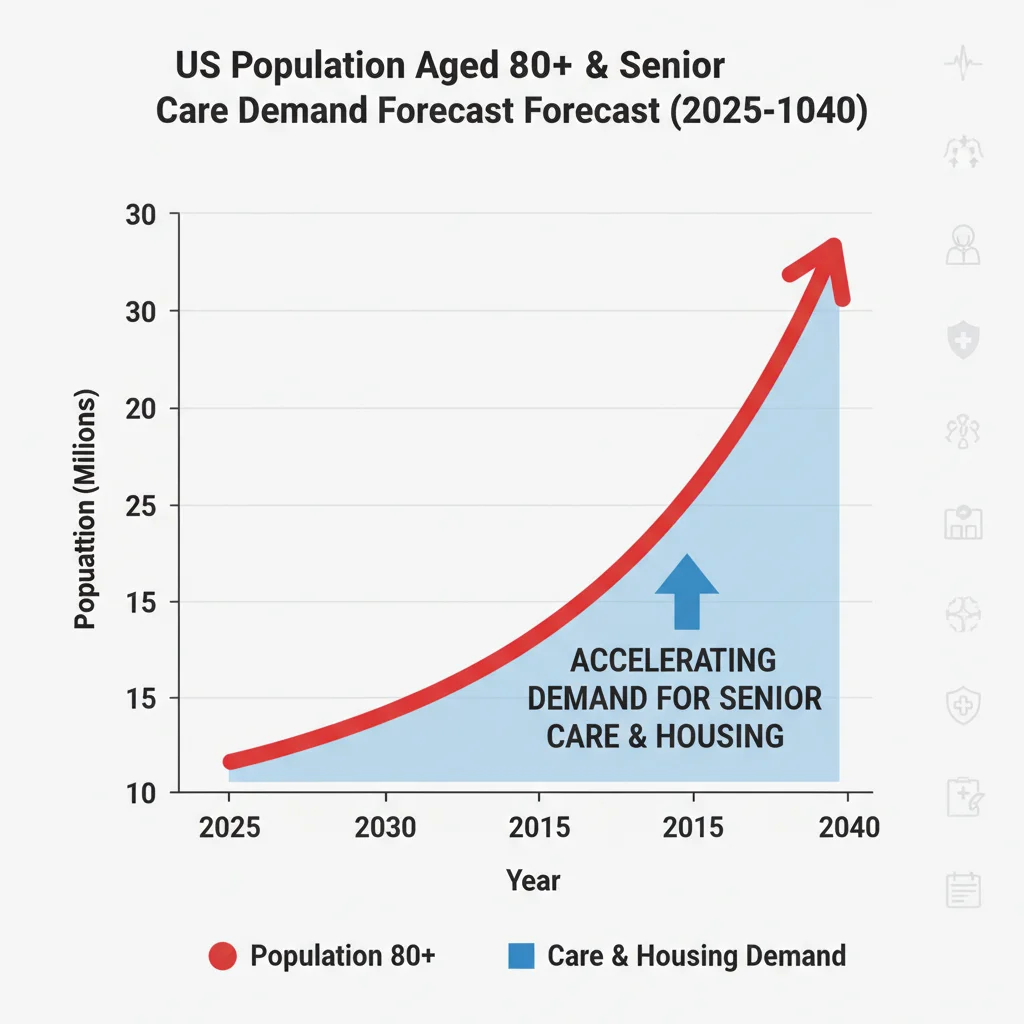 Projected growth chart of US population aged 80 and over, driving senior housing demand.