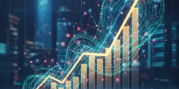 Stock market graph rising rapidly with AI neural network background, illustrating the AI stocks rally.