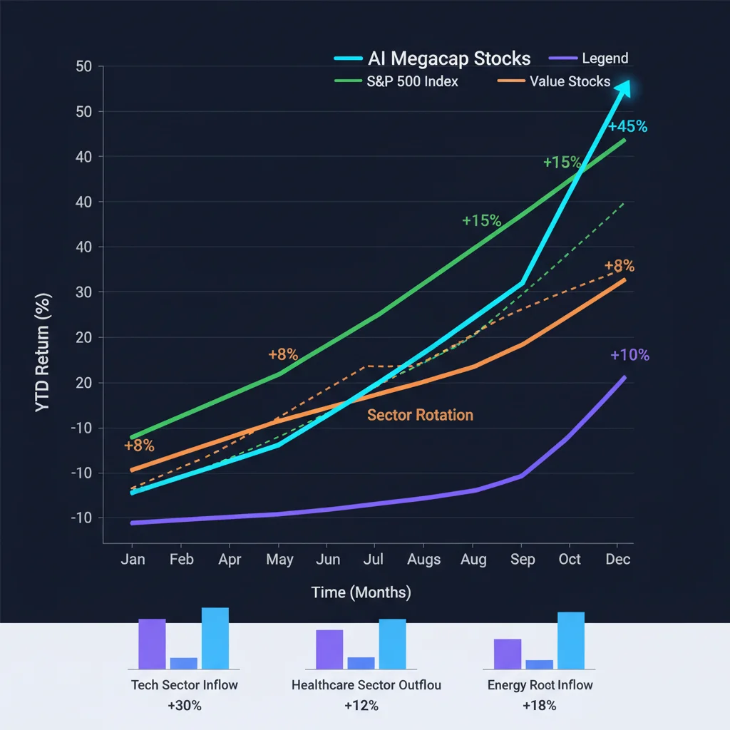 Performance comparison chart showing AI megacap stocks versus market index and value sector returns