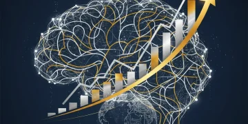Financial chart rising with glowing AI neural network overlay, symbolizing tech sector outperformance driven by artificial intelligence investment.