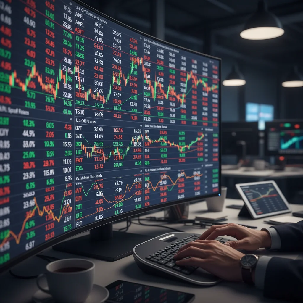 Financial analyst reviewing P/E ratios and bond yields on multiple screens
