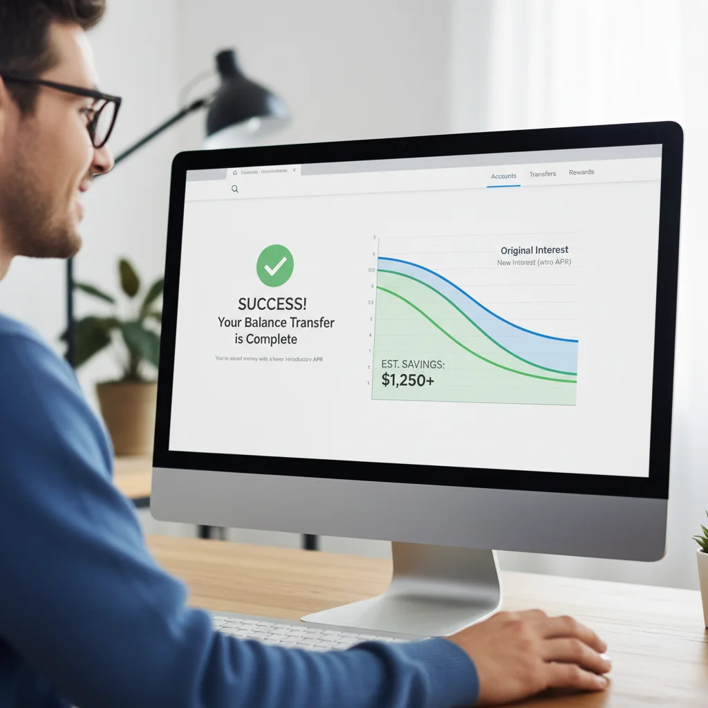 Successful credit card balance transfer with zero percent introductory APR, reducing overall interest burden.