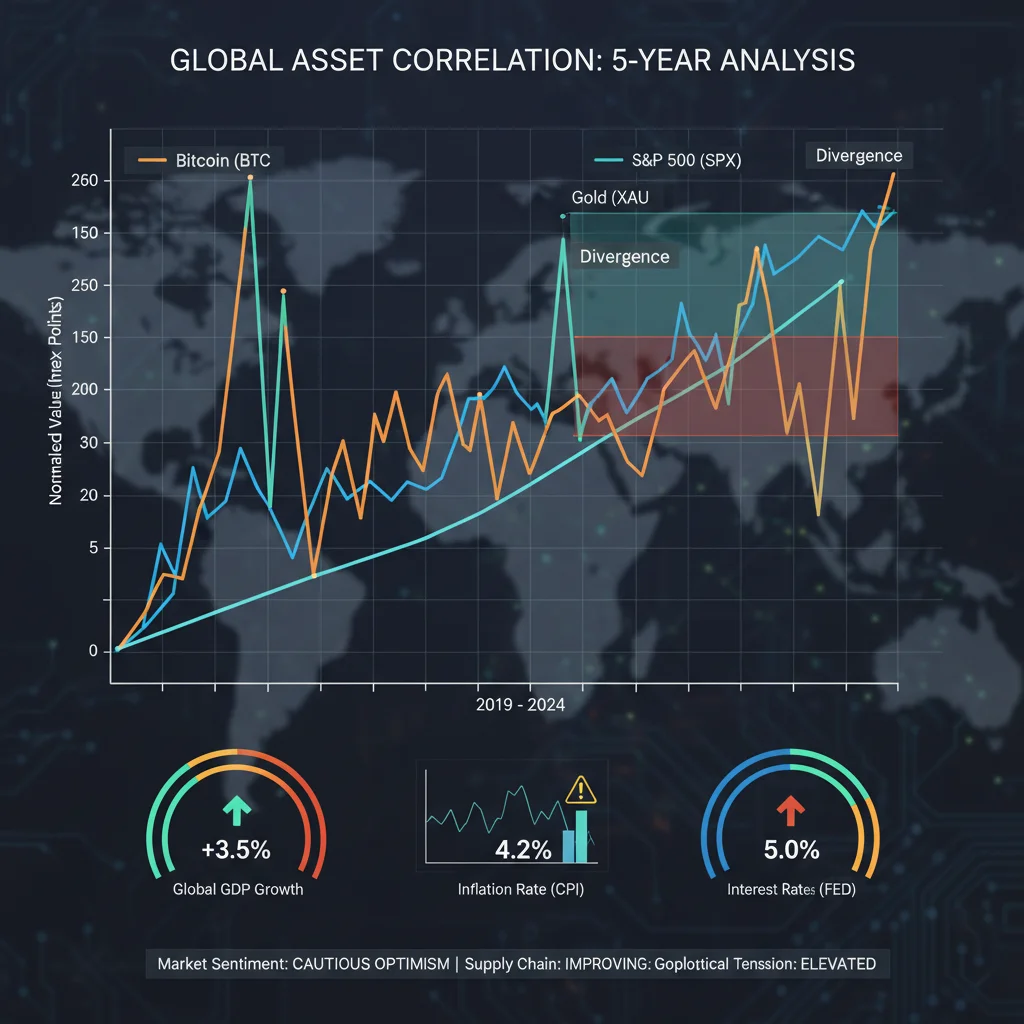 Chart comparing Bitcoin's correlation with S&P 500 and Gold, highlighting diversification benefits and risks.