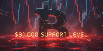 Bitcoin price chart showing the cryptocurrency falling below the critical $91,000 support level amidst high selling pressure and market uncertainty in December.
