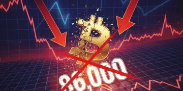 Bitcoin price crash visualization, sharp decline below $86,000 signaling market instability.