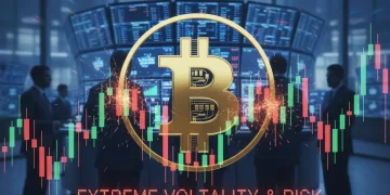 Bitcoin price volatility chart showing sharp spikes and drops, symbolizing high risk in cryptocurrency markets.