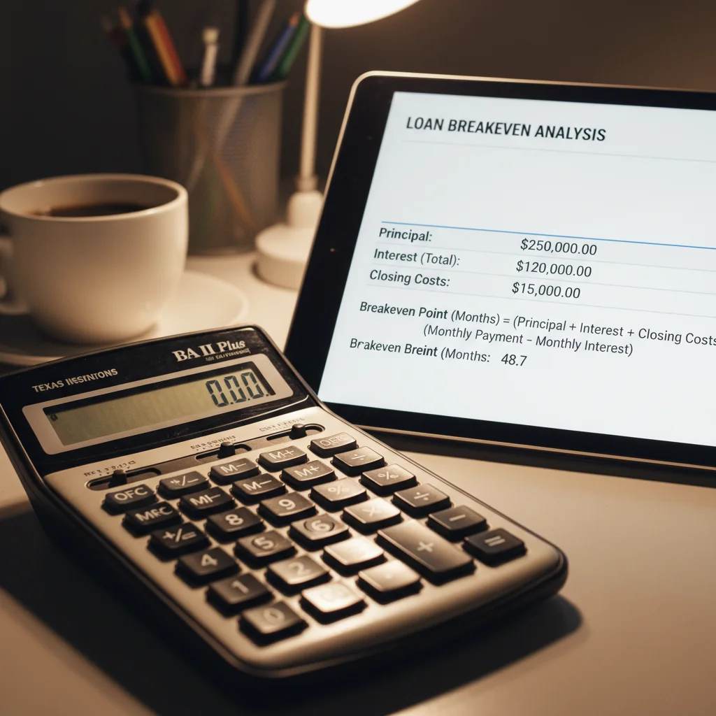 Detailed calculation of mortgage refinance breakeven point and closing costs.