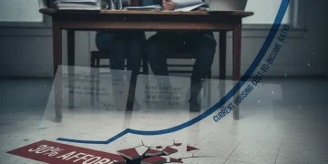 Broken 30 percent housing affordability rule graph showing rising cost-to-income ratio for US first-time buyers.