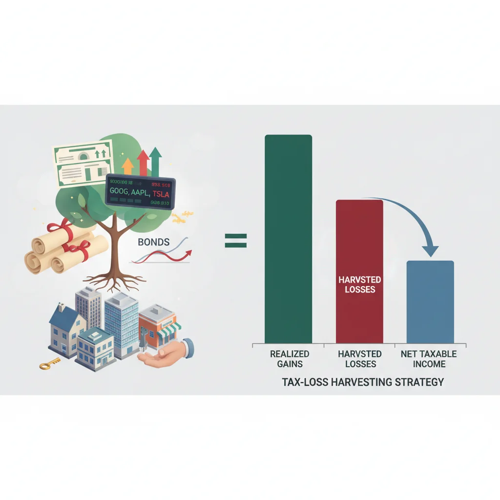 Visualizing capital gains offset through tax-loss harvesting in a diversified portfolio.