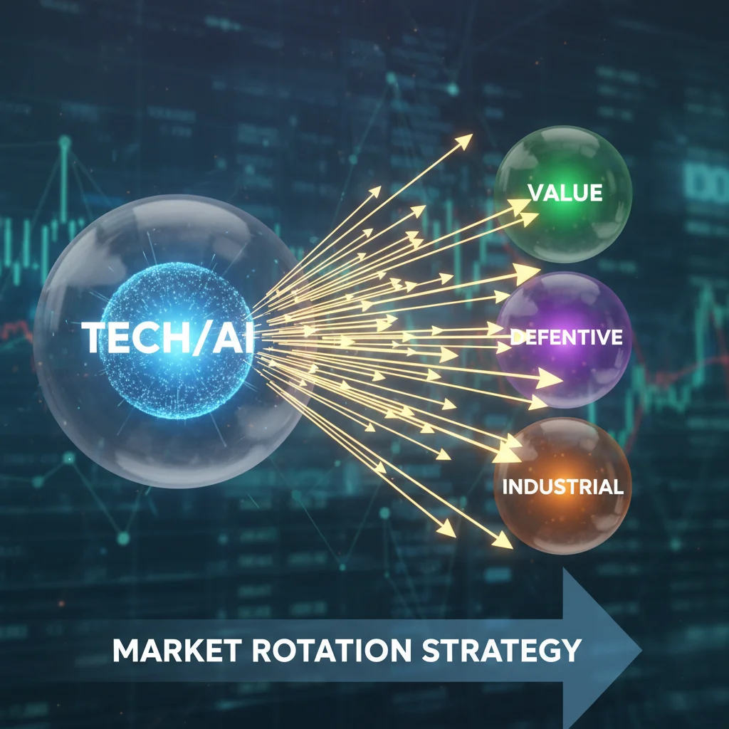 Diagram illustrating capital rotation from high-growth AI stocks into diversified value and defensive sectors.