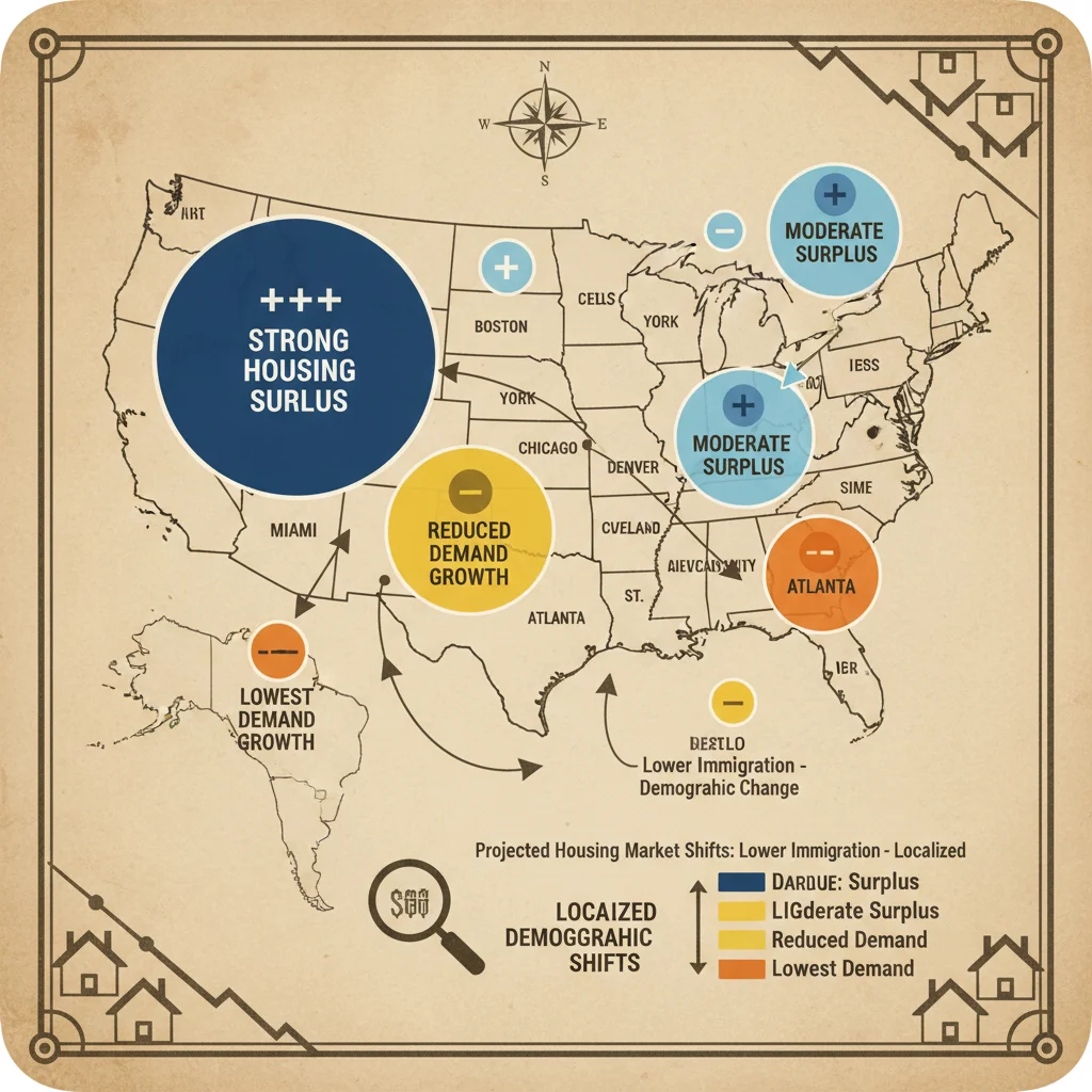 Localized US city map indicating potential housing market shifts following projected immigration drop.