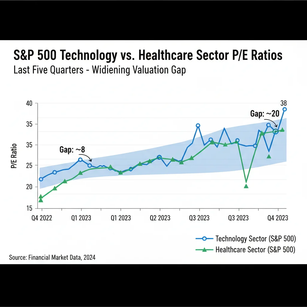 Comparative P/E ratios of technology and healthcare sectors
