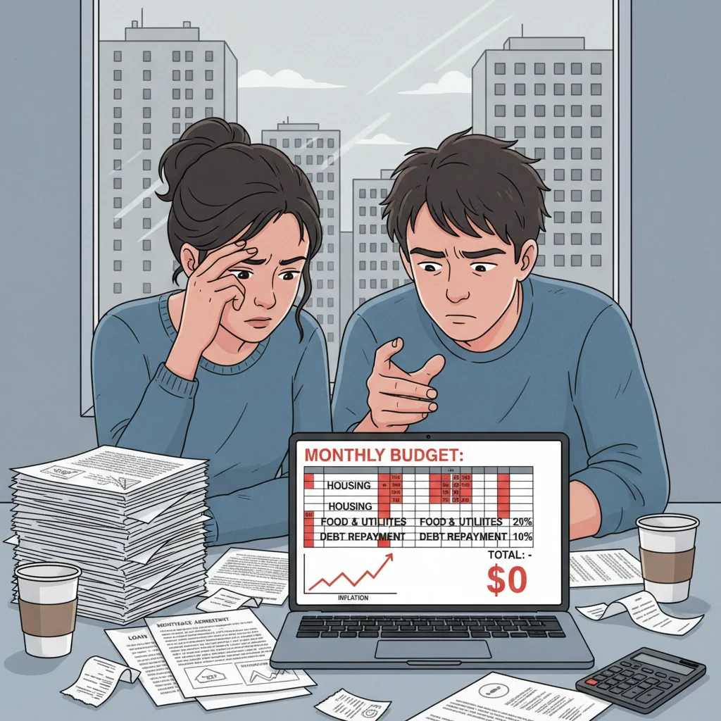 Couple reviewing constrained home purchase budget due to high inflation and elevated interest rates.