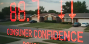 Stock ticker showing consumer confidence index drop to 88.7