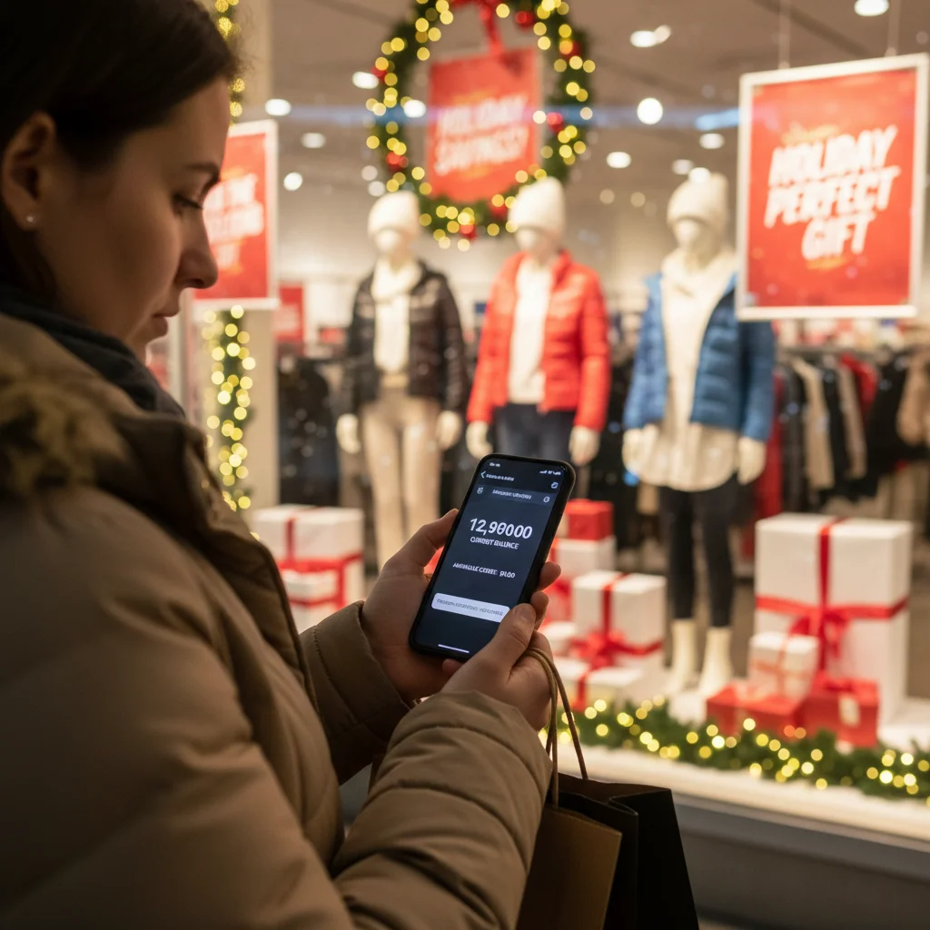 Consumer checking credit card debt amidst holiday shopping pressure, highlighting reliance on revolving credit.