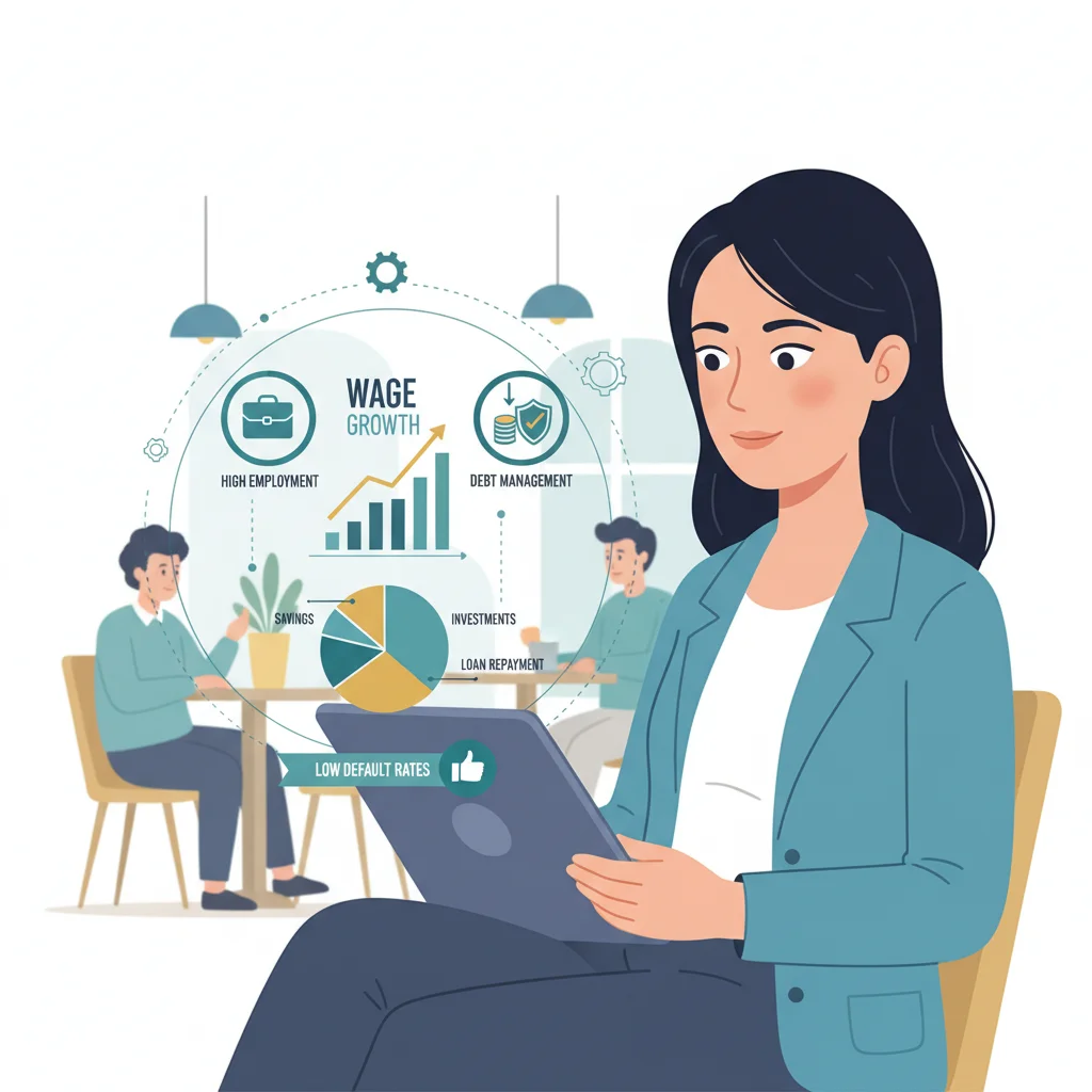 Digital illustration of consumer managing debt and utilizing strong employment for financial stability.
