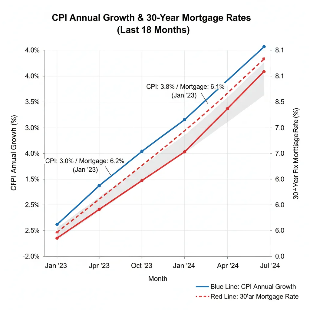 Chart showing the correlation between 3% inflation (CPI) and rising 30-year fixed mortgage interest rates, affecting housing costs.