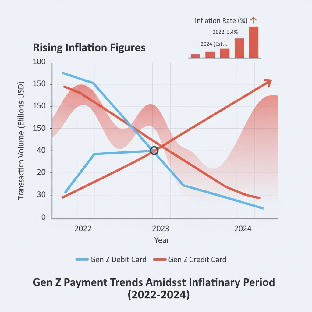 Graph illustrating the crossover point where Gen Z credit card usage volume exceeds debit card usage volume in recent quarters.