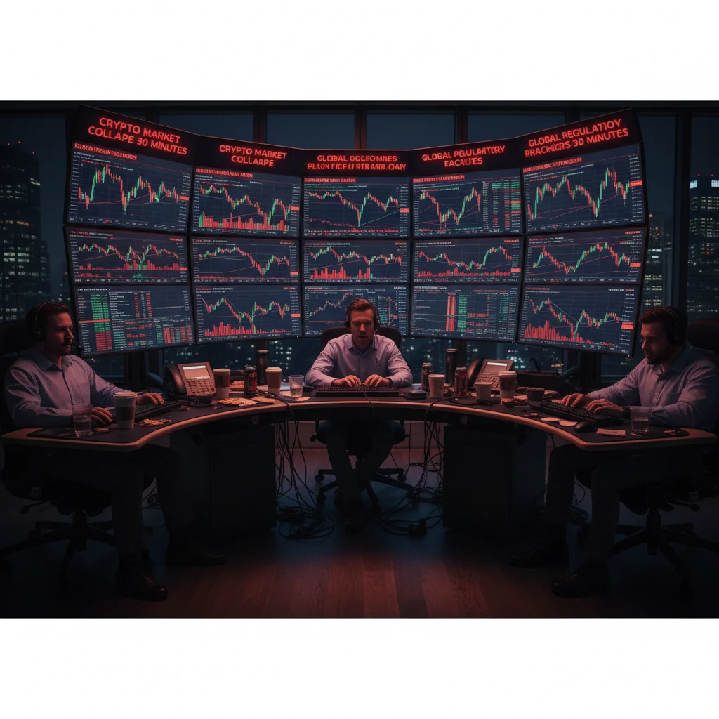 Professional crypto trading desk during high market volatility, illustrating rapid price action and large liquidations.
