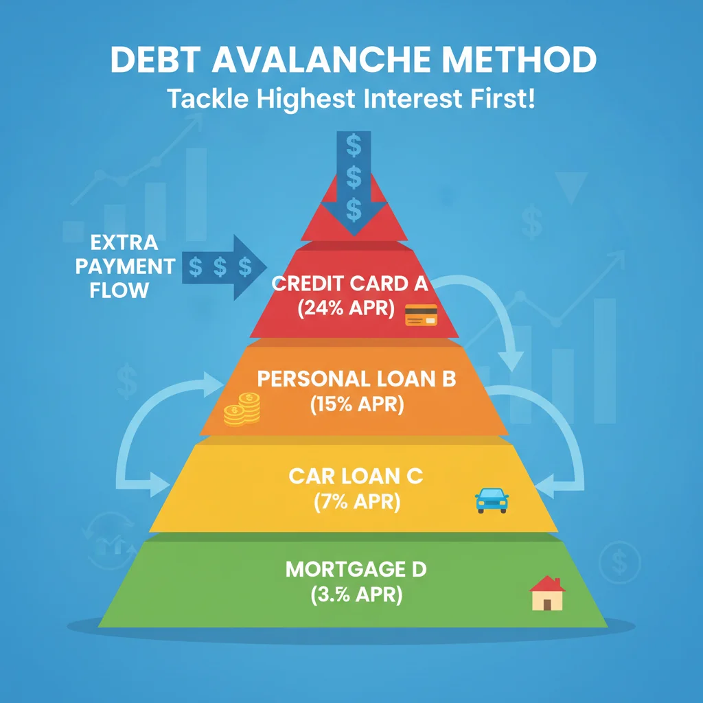 Debt avalanche strategy chart prioritizing highest interest rates first for faster debt reduction.