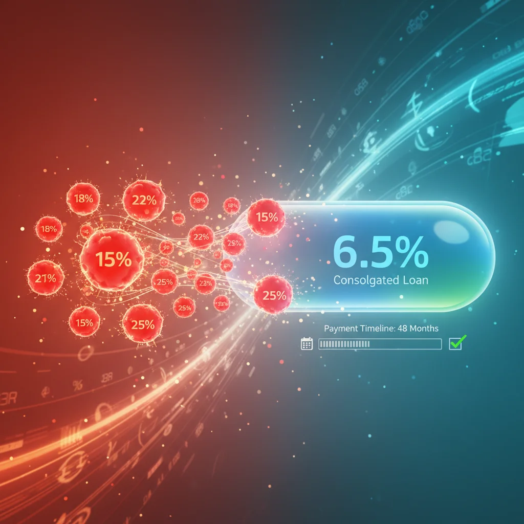 Diagram illustrating multiple high-interest debts merging into a single, low-interest consolidated loan.