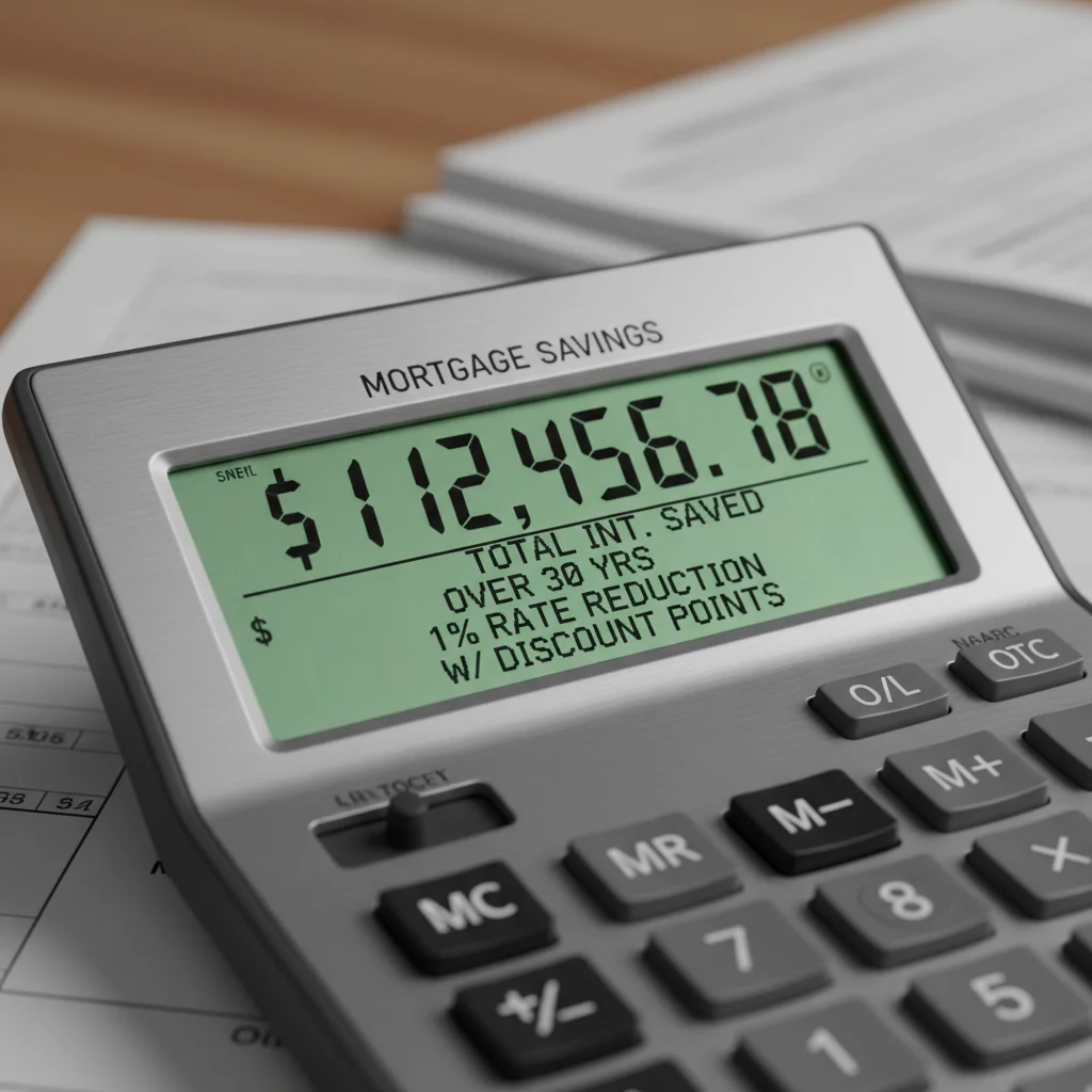 Financial calculator showing interest savings from buying mortgage discount points.