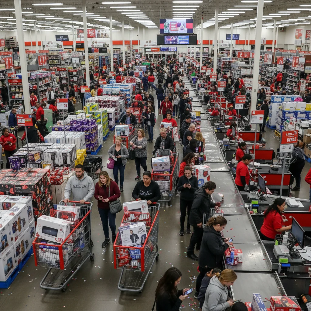 Busy retail store interior during peak holiday shopping period, indicating strong consumer traffic.