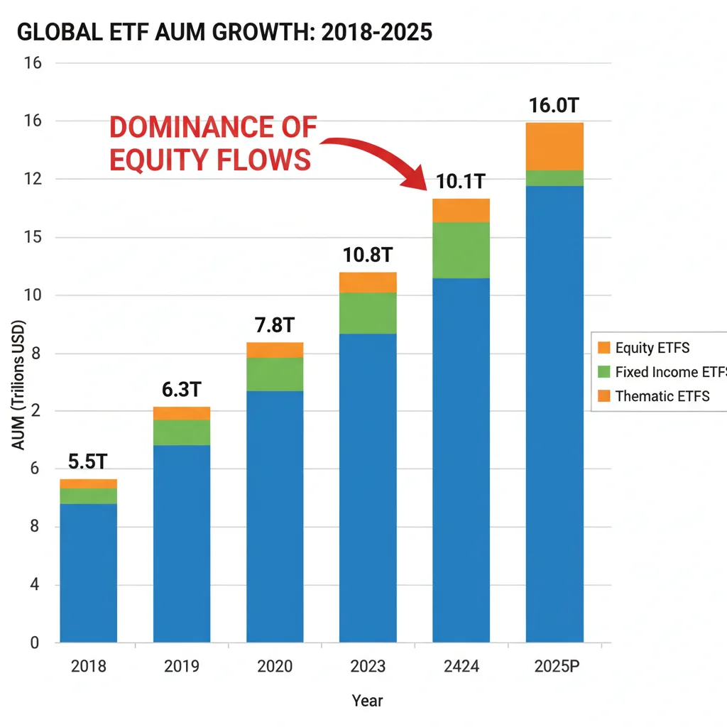 Chart illustrating the exponential growth trajectory of global ETF assets under management (AUM) towards 2025, segmented by asset class.