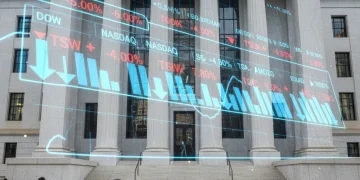 Federal Reserve building with crashing stock market data overlay