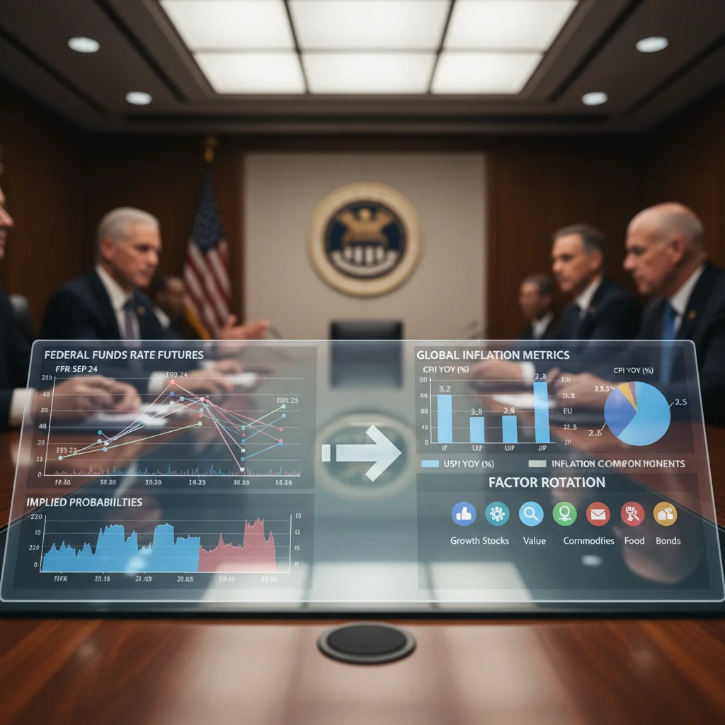 Federal Reserve data screen showing interest rate projections influencing market factor rotation