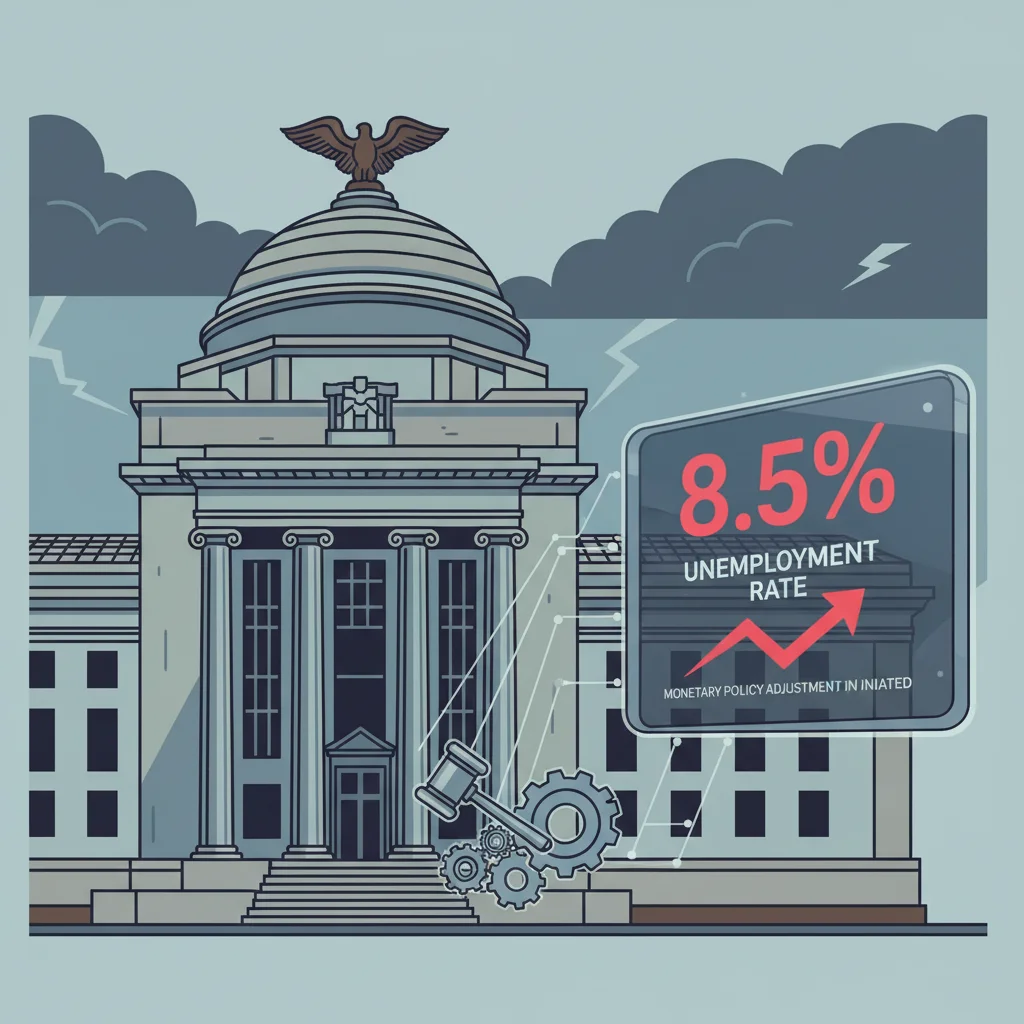 Federal Reserve building facade with economic data screen displaying higher unemployment, reflecting policy implications.