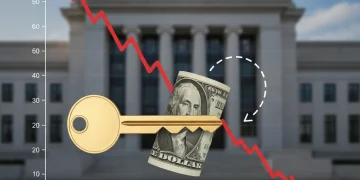 Financial chart illustrating falling interest rates and the prospect of lower mortgage costs following Federal Reserve action.