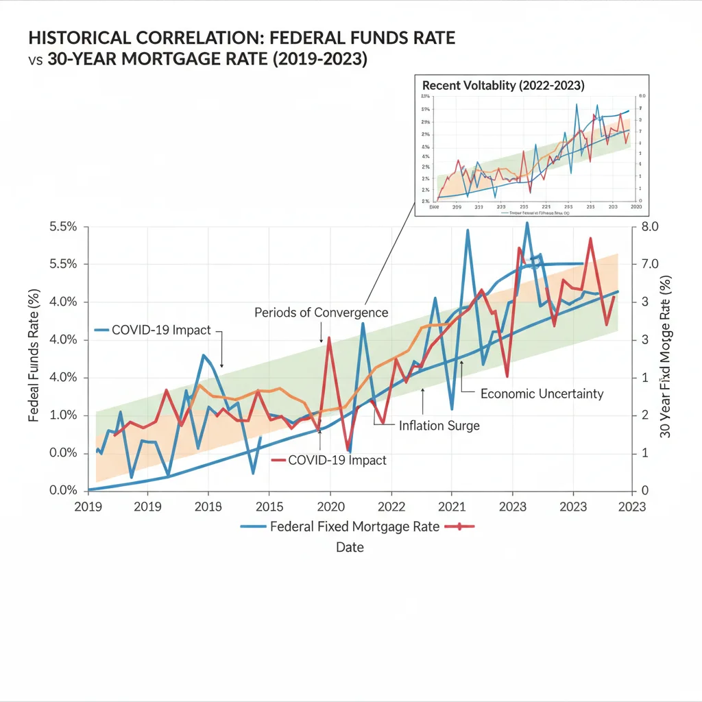 Correlation chart of Federal Funds Rate versus 30-year fixed mortgage rates.