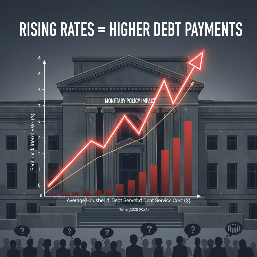 Federal Reserve building with a graph showing high interest rates, impacting mortgage and consumer loan affordability.
