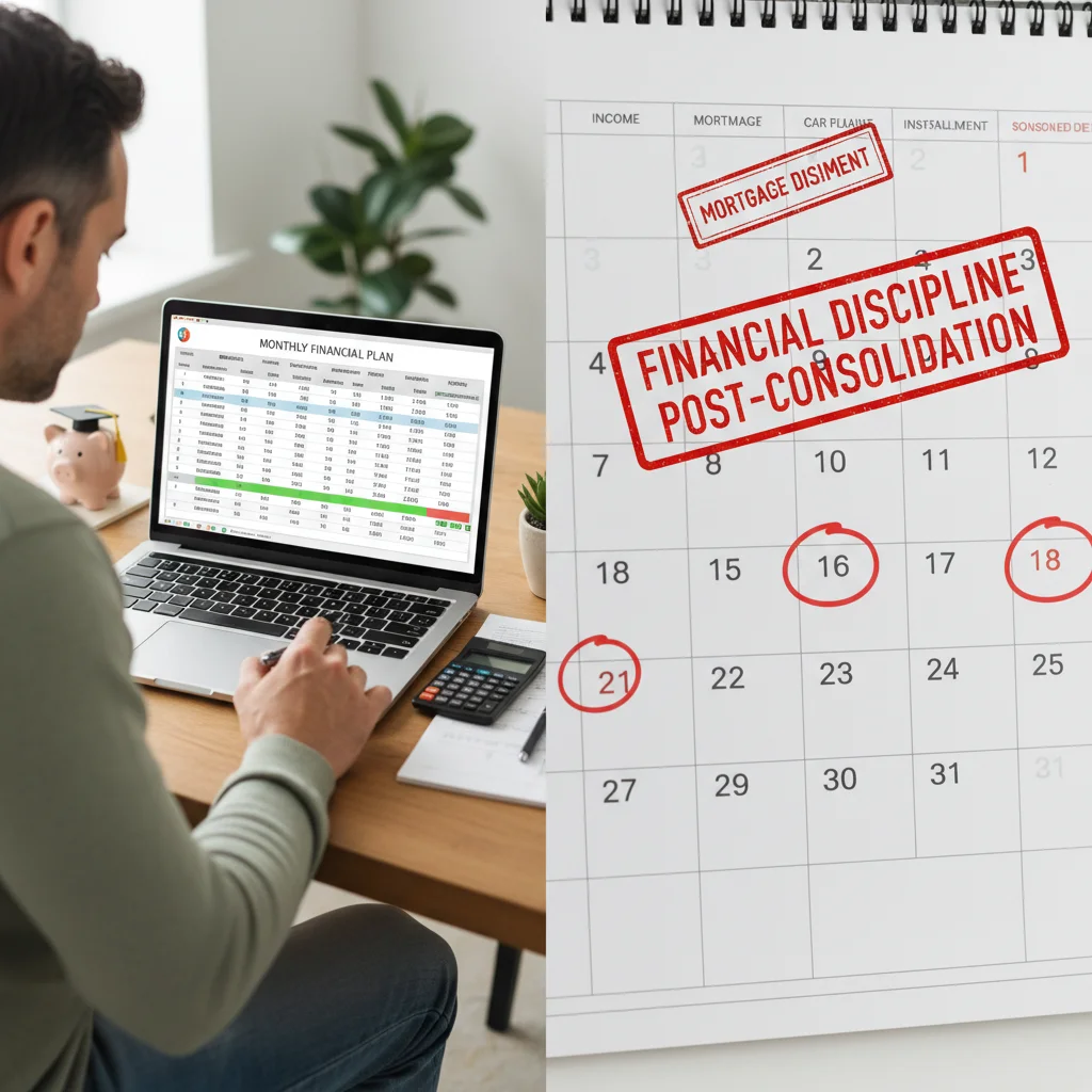 Person reviewing budget spreadsheet and payment calendar, symbolizing financial discipline after consolidating debt.