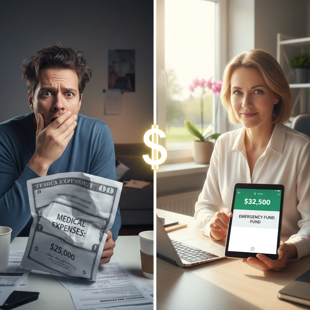 Contrast between financial stress from unexpected bills and financial security provided by an emergency fund.