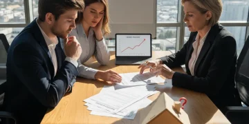 First-time home buyers discussing mortgage points strategy with a loan officer.